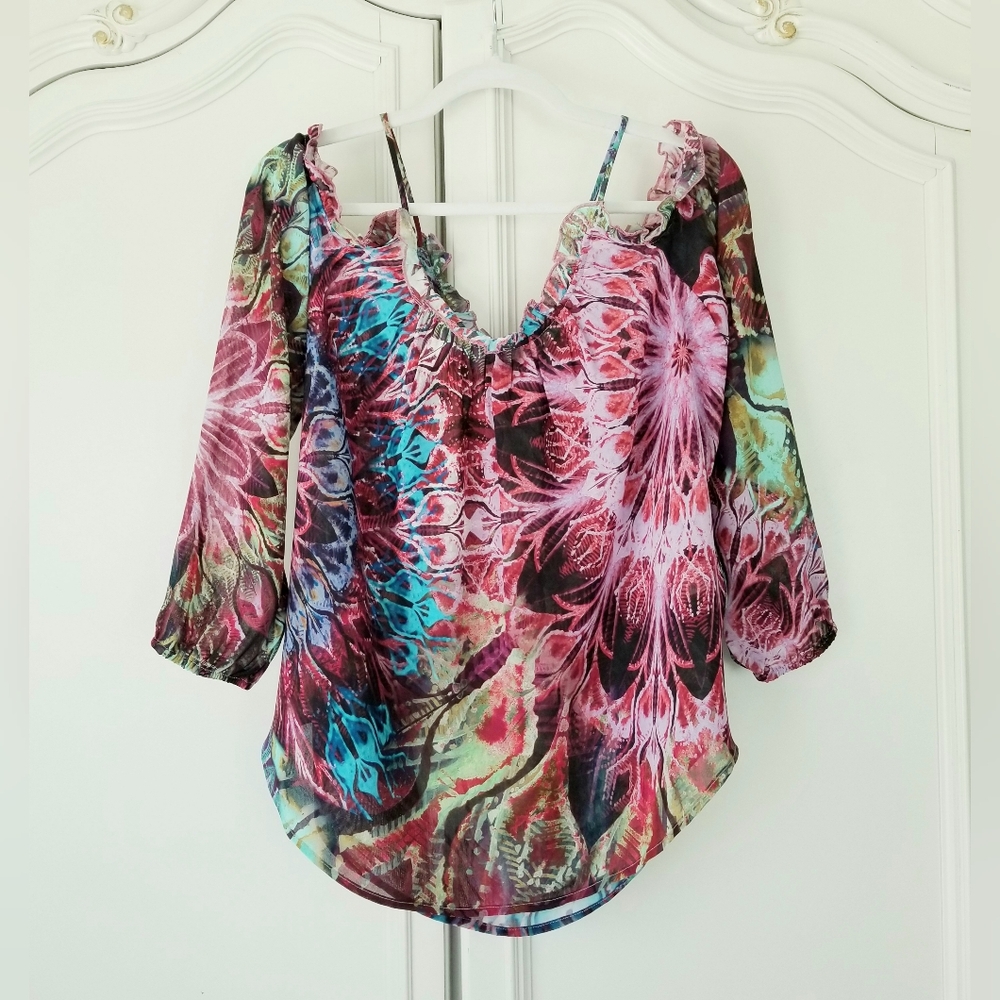 Fifteen Twenty Watercolor Cold Shoulder Chiffon Top Art To Wear Medium USA